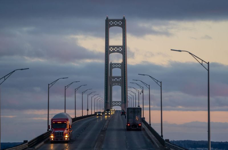 Traffic moving along the Mackinac Bridge is seen from the St. Ignace on Wednesday, March 4, 2020.