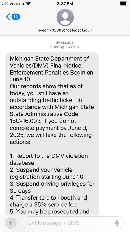 A copy of a fake text sent to a Michigan resident on Sunday June 8, 2025. One of the so-called penalties relating to not paying an outstanding traffic ticket involved "transfer to a toll booth and charge a 35% service fee."