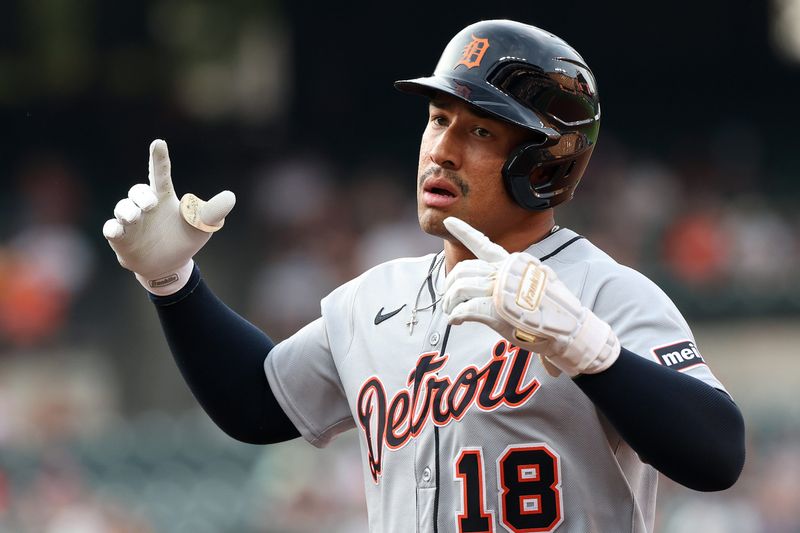 Detroit Tigers outfielder Jahmai Jones (18) celebrates after hitting a single during the third inning against the Baltimore Orioles at Oriole Park at Camden Yards in Baltimore on Tuesday, June 10, 2025.