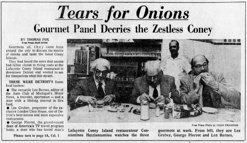 A Detroit Free Press story from April 16, 1973 during an onion shortage in which Lafayette Coney Island briefly stopped providing onions for hot dogs.
