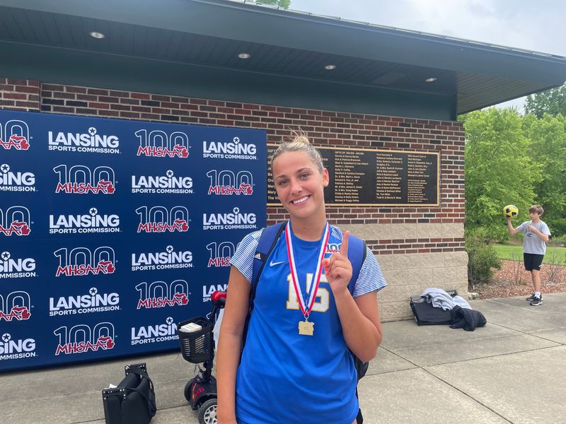 Grand Rapids Catholic Central girls soccer senior Maurine Schneider poses after winning the Division 3 state championship 2-0 over Warren Regina on Friday, June 13, 2025 at Michigan State's DeMartin Stadium in East Lansing.