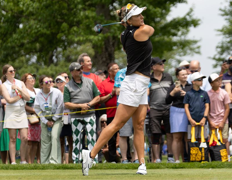 Lexi Thompson looks down the fairway after driving the golf ball during the second day of the LPGA Classic on June 13.