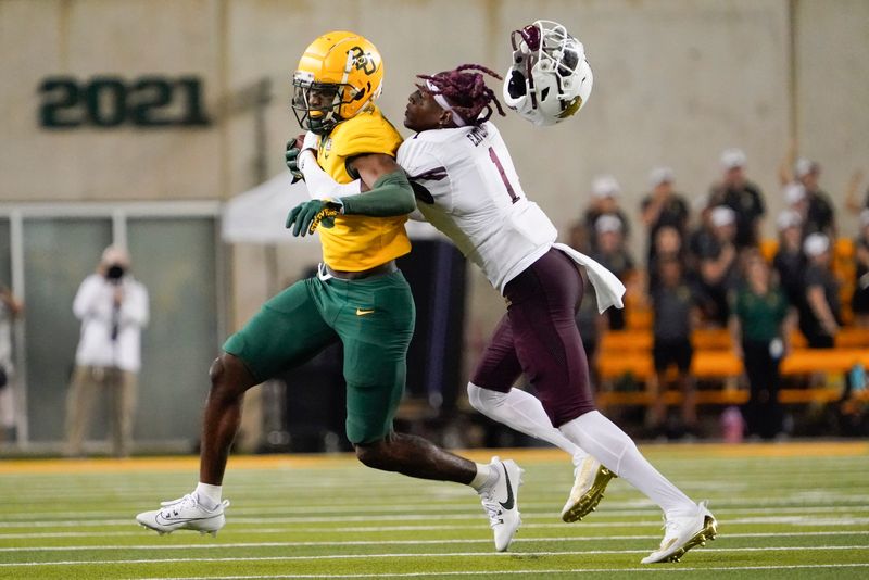 Sep 2, 2023; Waco, Texas, USA; Baylor Bears wide receiver Hal Presley (16) is tackled by Texas State Bobcats cornerback Joshua Eaton (1) after a reception during the second half at McLane Stadium. Mandatory Credit: Raymond Carlin III-USA TODAY Sports