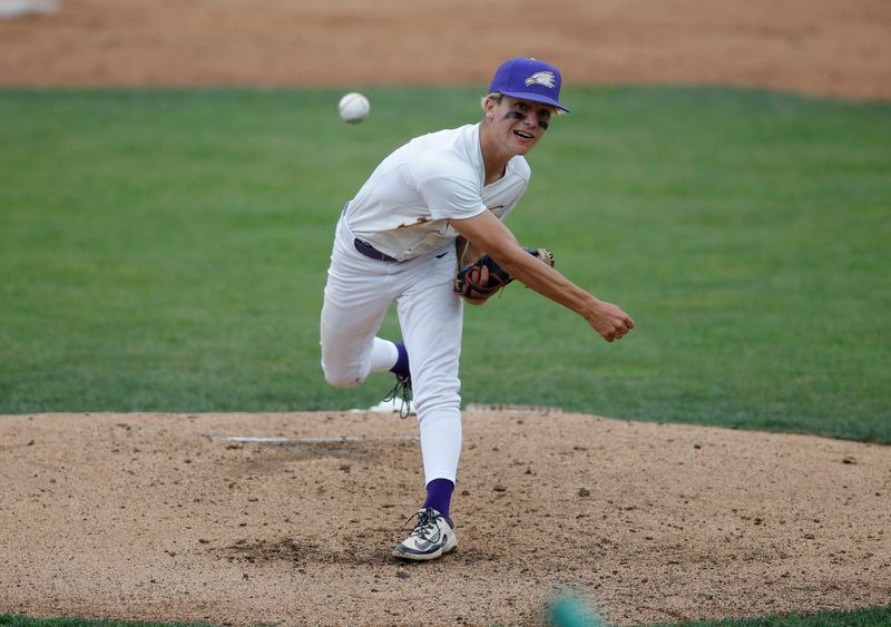Plymouth Christian Academy's Luke Janigian pitches against Summerfield during the Division 4 state baseball semifinals on Friday, June 13, 2025, at McLane Stadium in East Lansing.