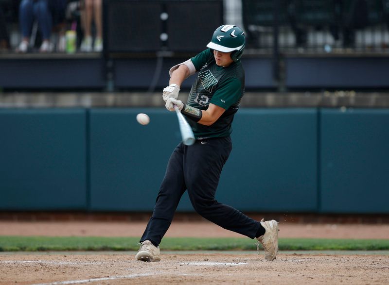 Portland St. Patrick's Charlie Thelen bats against Norway during their MHSAA semifinal game, Friday, June 13, 2025, at McLane Stadium in East Lansing.