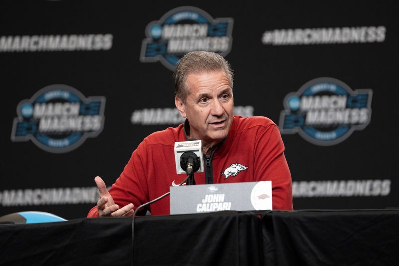 March 26, 2025; San Francisco, CA, USA; Arkansas Razorbacks head coach John Calipari addresses the media in a press conference during NCAA Tournament West Regional Practice at Chase Center. Mandatory Credit: Kyle Terada-Imagn Images