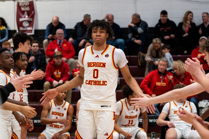 Bergen Catholic #0 Julius Avent make his entrance. Ridgewood boys basketball hosts Bergen Catholic in a game on Tuesday, Jan. 28, 2025.