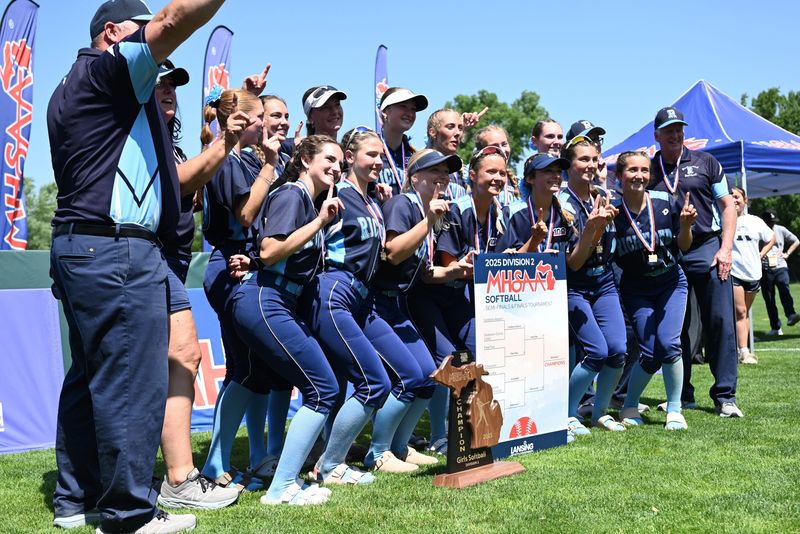The Richmond softball team celebrates after beating Paw Paw, 3-0, in the Division 2 state final at Secchia Stadium in East Lansing on Saturday, June 14, 2025.