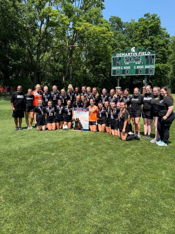 Kalamazoo Christian celebrates its MHSAA Division 4 girls soccer state title in East Lansing, June 14, 2025.