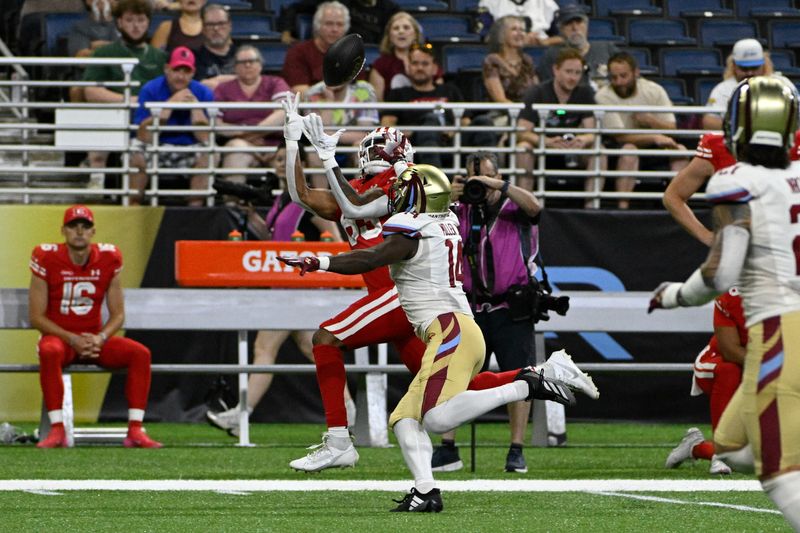 DC Defenders wide receiver Braylon Sanders (83) makes a catch against Michigan Panthers cornerback D.J. Miller Jr. (14) during the second quarter of the 2025 UFL Championship at The Dome at America's Center in St. Louis on Saturday, June 14 2025.