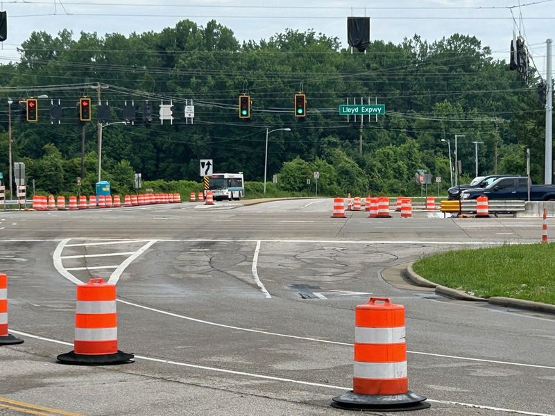 Traffic cones stand along the intersection to the Lloyd Expressway and Stockwell Road on June 16. After months of construction, the revamped interchange is set to open this week.