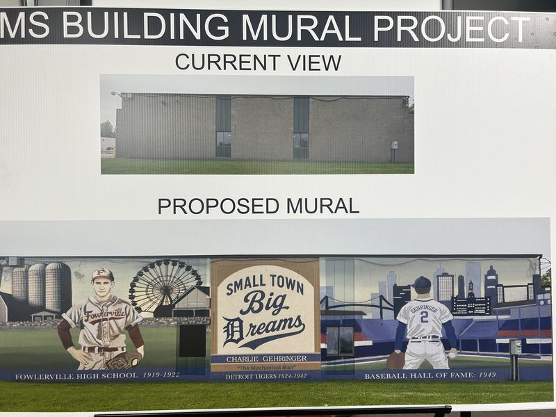 The proposed design for the Fowlerville mural honoring Detroit Tigers player and Fowlerville native Charlie Gehringer is available for residents to see in Fowlerville Village Hall.