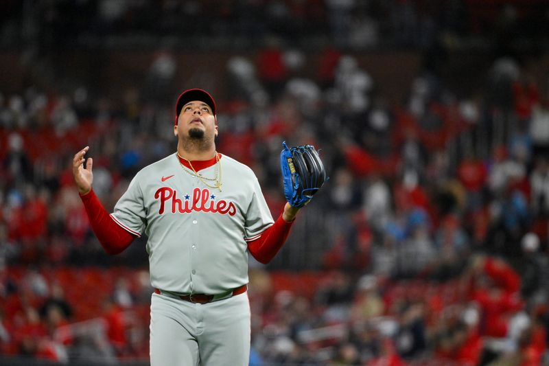 Philadelphia Phillies relief pitcher Carlos Hernandez (35) reacts as he walks off the field after the seventh inning against the St. Louis Cardinals at Busch Stadium in St. Louis on April 11, 2025.