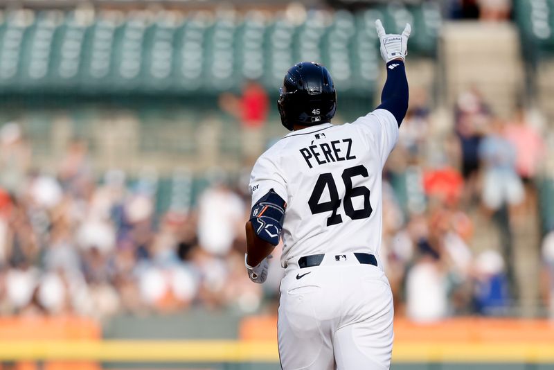 Detroit Tigers outfielder Wenceel Pérez (46) celebrates after hitting a two-run home run in the second inning against the Pittsburgh Pirates at Comerica Park in Detroit on Tuesday, June 17, 2025.