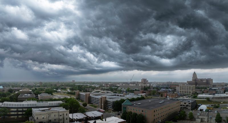 Storm clouds move over the Fisher Building and the rest of New Center in Detroit, June 18, 2025.