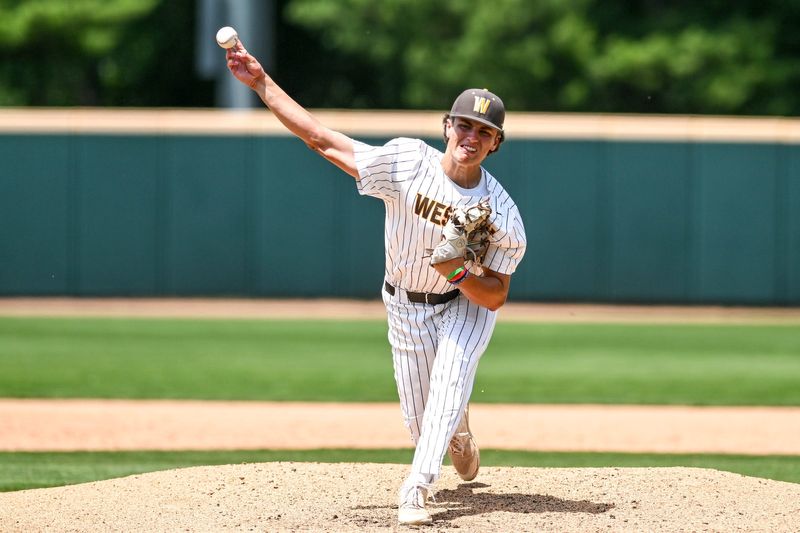 Bay City Western's Luke Lacourse pitches to a Northville batter in the second inning on Thursday, June 13, 2024, during the D1 baseball state semifinal at MSU's McLane Stadium in East Lansing.