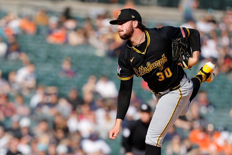 Pittsburgh Pirates pitcher Paul Skenes (30) pitches in the second inning against the Detroit Tigers in Game 2 at Comerica Park in Detroit on Thursday, June 19, 2025.