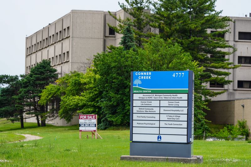 The closed Conner Creek Health Center on Outer Drive in Detroit, formerly a hospital, which is going to online public auction early next week, photographed Friday, June 20, 2025.