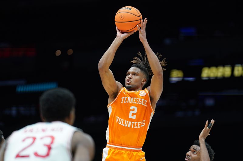 Tennessee Volunteers guard Chaz Lanier (2) shoots the ball against the Houston Cougars in the first half during the Midwest Regional final of the 2025 NCAA tournament at Lucas Oil Stadium in Indianapolis, Indiana, on March 30, 2025.