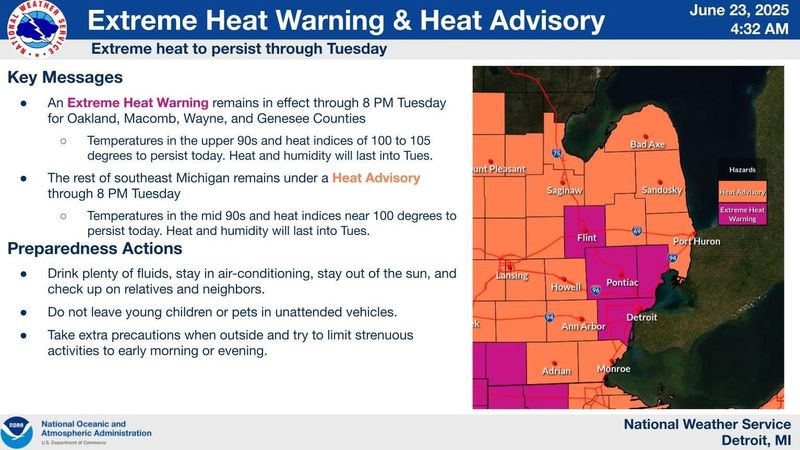 Extreme heat warning in south and southwestern areas in Michigan from now until late on June 24.