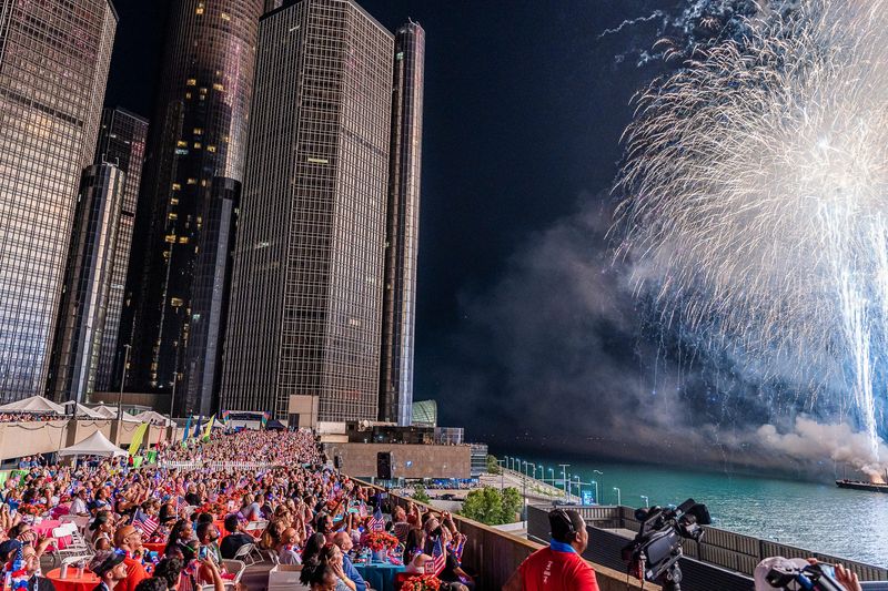 People watch the 2025 Ford Fireworks at The Rooftop Party presented by Ford in Detroit on Monday, June 23, 2025.