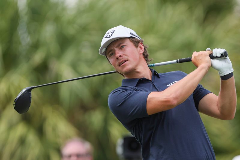 Oct 20, 2023; Doral, Florida, USA; James Piot plays his shot from the eighth tee during the first round of the LIV Golf Miami golf tournament at Trump National Doral. Mandatory Credit: Sam Navarro-USA TODAY Sports