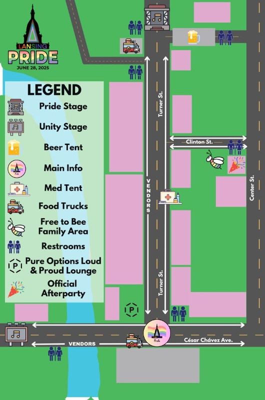 The 2025 Lansing Pride festival map occurring on Saturday, June 28.