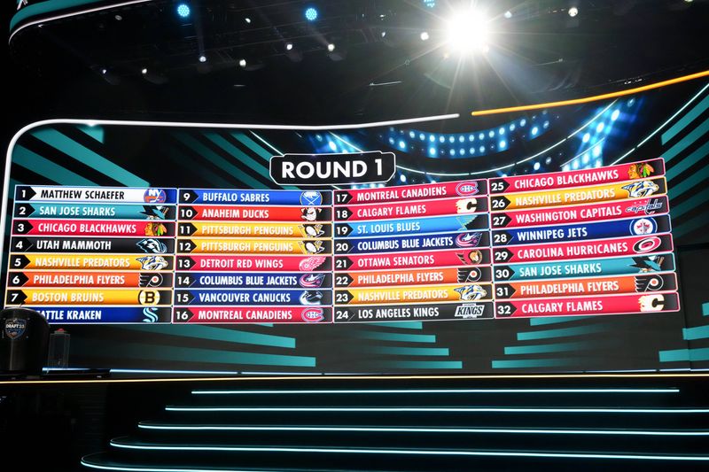 A general view of the draft board after the first overall pick in the first round of the 2025 NHL Draft at Peacock Theater in Los Angeles on Friday, June 27, 2025.