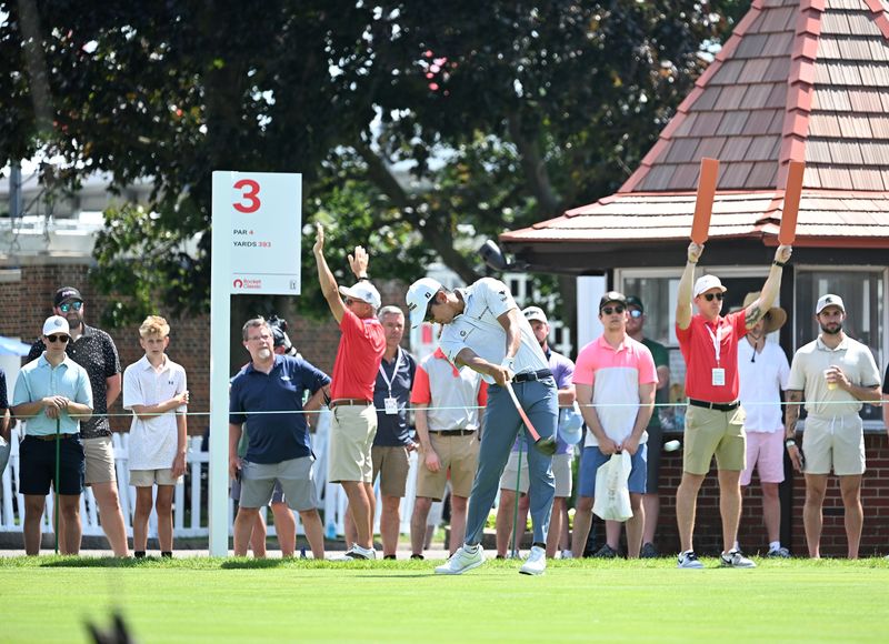 Michael Kim tees off on the third hole during the final round of the Rocket Classic at the Detroit Golf Club in Detroit on Sunday, June 29, 2025.