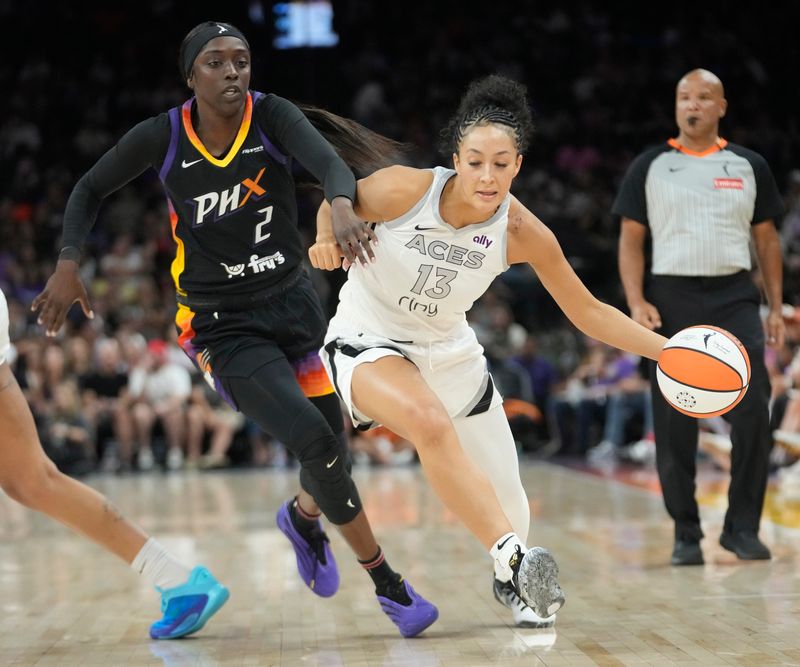 Phoenix Mercury guard Kahleah Copper (2) defends against Las Vegas Aces guard Aaliyah Nye (13) during the second quarter at PHX Arena Jun 29, 2025.