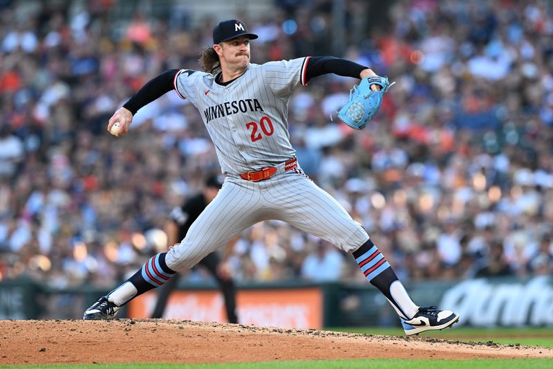 Minnesota Twins starting pitcher Chris Paddack (20) throws a pitch against the Detroit Tigers in the third inning at Comerica Park in Detroit on Sunday, June 29, 2025.