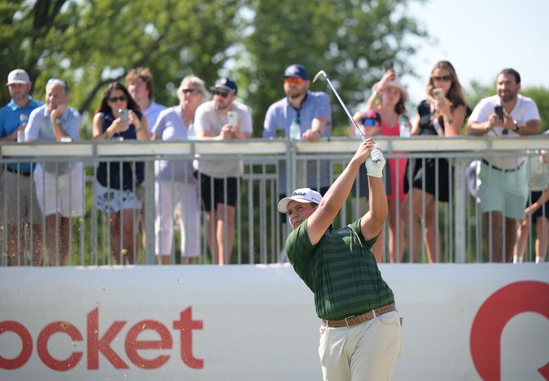 Aldrich Potgieter hits his first shot on the 15th hole during the final round of the Rocket Classic at the Detroit Golf Club in Detroit on Sunday, June 29, 2025.