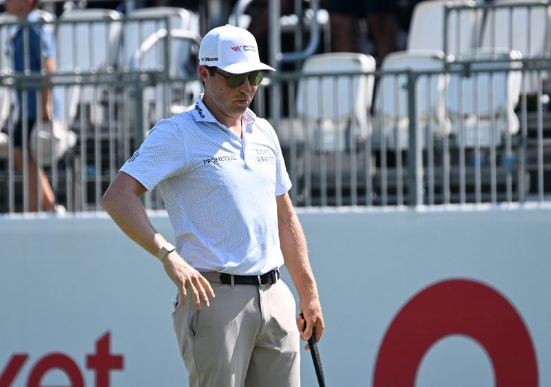Ben Griffin talks to himself after missing putt on the 17th green during the final round of the Rocket Classic at the Detroit Golf Club in Detroit on Sunday, June 29, 2025.