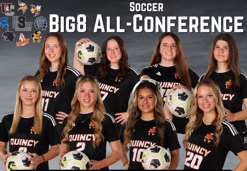 Pictured are, top row, from left- Danica Swift (GK-Honorable Mention), Ella Bartell (D), Kaylyn Brenner (D), and Ciaira Paul (D) bottom Row, from left- Kenzi Maynard (F), Laura Bostic (F, League MVP), Yoselin Beltran (M), and McKenna Bowerman (M)
