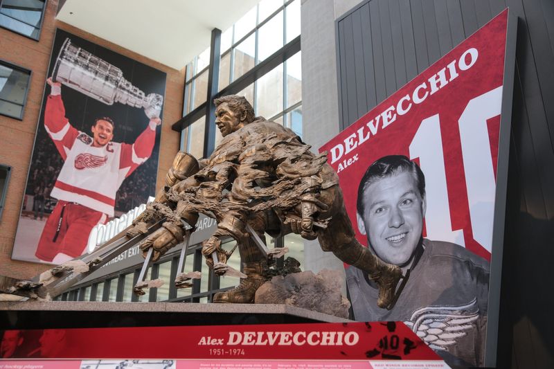 A statue of former Detroit Red Wings player Alex Delvecchio is seen on display in the concourse of the Little Caesars Arena in downtown Detroit on Wednesday September 6, 2017.