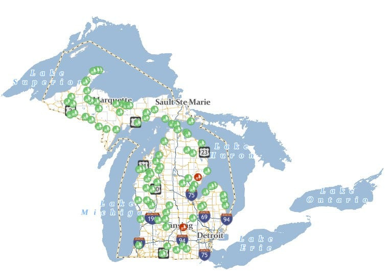 MDOT Roadside Parks map, and interactive tool to locate a park along stretches of highway.