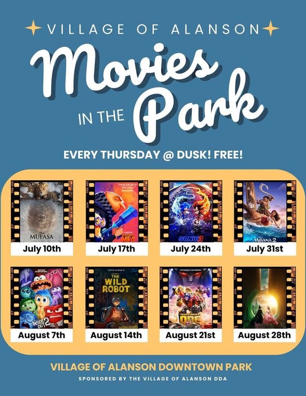 Alanson’s Movies in the Park series returns this month with a lineup of family-friendly movies.