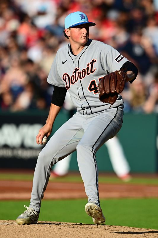 Detroit Tigers starting pitcher Reese Olson (45) throws a pitch during the first inning against the Cleveland Guardians at Progressive Field in Cleveland on Friday, July 4, 2025.