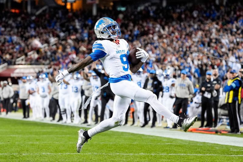 Detroit Lions wide receiver Jameson Williams (9) runs for a touchdown against San Francisco 49ers during the first half at Levi's Stadium in Santa Clara, Calif. on Monday, Dec. 30, 2024.