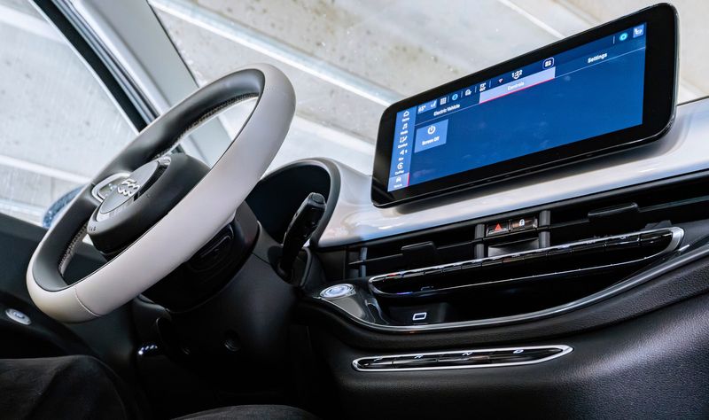 The dashboard of a 2024 Fiat 500e photographed in Detroit on Monday, July 7, 2025. Stellantis customers now have more consolidated options to gain premium in-vehicle features, like on-the-go wifi, under Stellantis' new "Connect Wi-Fi Plus" plan.