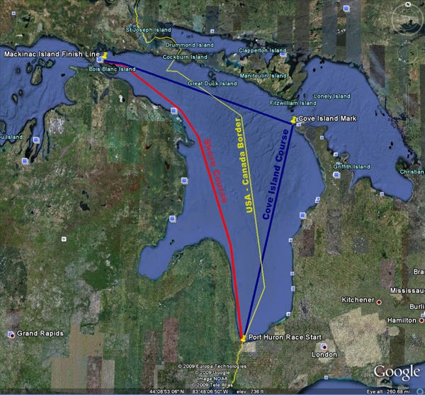a Map of the two Bayview Mackinac Race courses. The red line indicated the Shore Course, and the blue line indicates the Cove Island course. The yellow line shows the U.S.-Canada border.