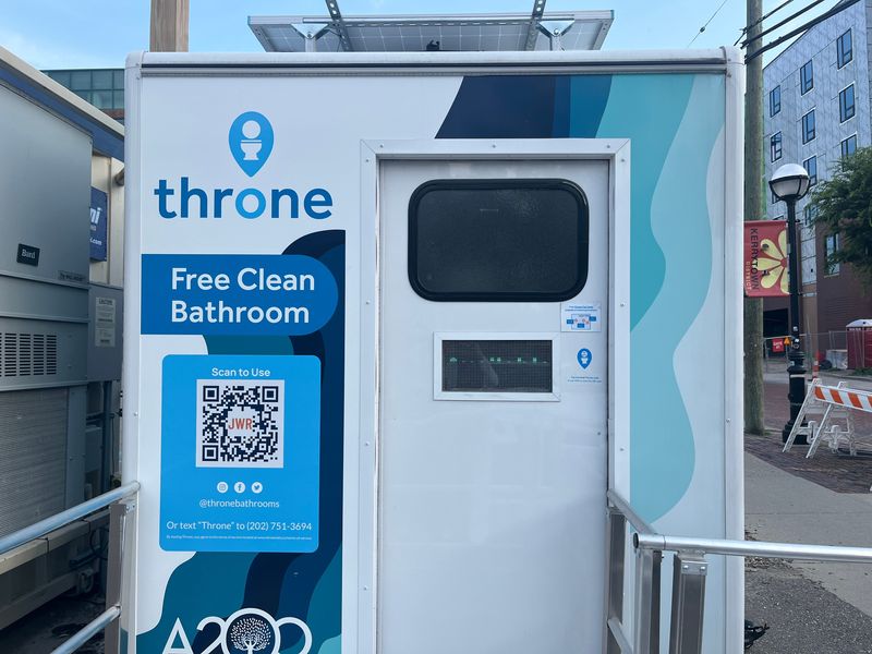 The front of a Throne portable bathroom at the Ann Arbor Farmers Market on Tuesday, July 8, 2025.