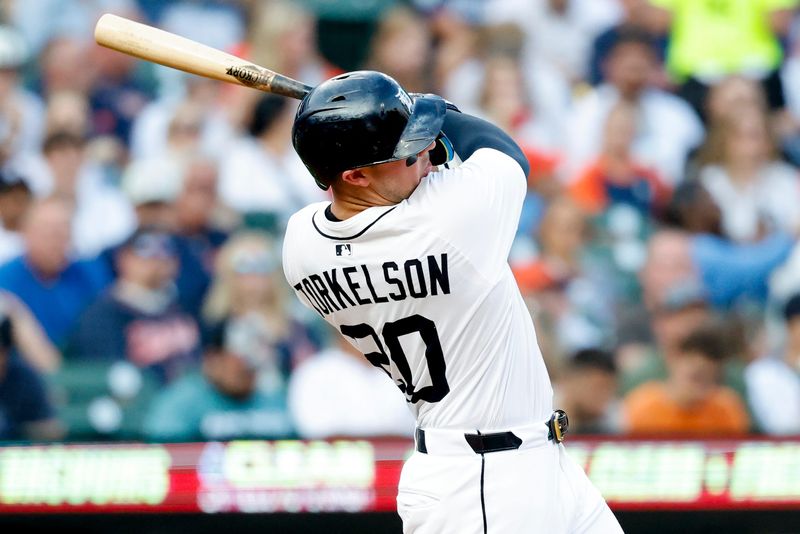 Detroit Tigers first baseman Spencer Torkelson (20) hits a home run in the fourth inning against the Tampa Bay Rays at Comerica Park in Detroit on Tuesday, July 8, 2025.