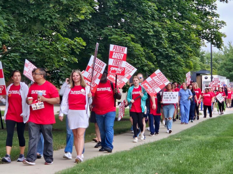 Registered nurses and service group members of the Office and Professional Employees International Union (OPEIU) Local 40 are on a three-day unfair labor practice strike at McLaren Macomb Hospital in Mount Clemens from July 7-9, 2025.