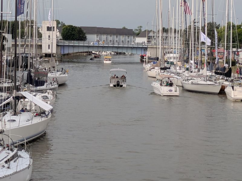 Boats line the St. Clair River in preparation for Saturday's race.