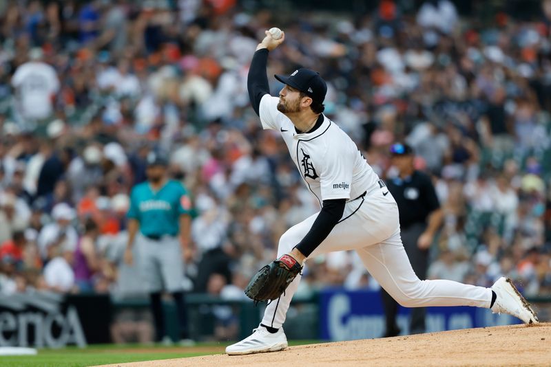 Detroit Tigers pitcher Casey Mize pitches in the first inning against the Seattle Mariners at Comerica Park on Saturday, July 12, 2025 in Detroit.