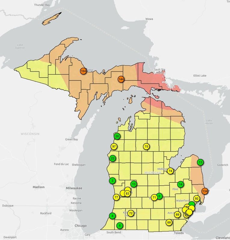 As of 8:20 a.m., July 14, the air quality map shows Michigan under a range of readings. Yellow means "moderate," which is acceptable for most, but potentially harmful for sensitive groups. Orange means "unhealthy for sensitive groups," while red is unhealthy overall.