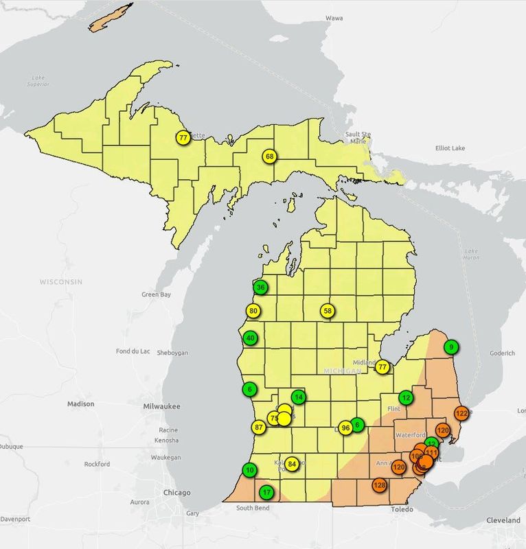 As of 8:30 a.m. on July 15, the air quality index reads the air in southeast Michigan and southern portions as unhealthy for sensitive groups (orange). The rest of Michigan is seeing moderate air quality (yellow).