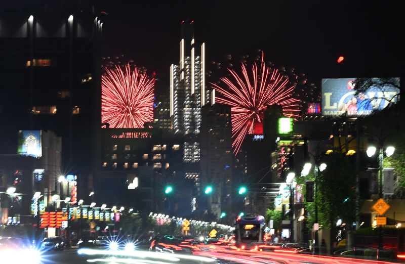 The Ford Fireworks, with the new Hudsons Detroit building, over the Detroit River in downtown Detroit, Michigan on June 23, 2025.