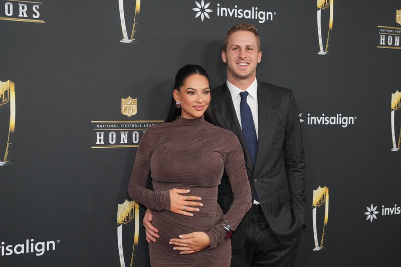 Feb 6, 2025; New Orleans, LA, USA; Jared Goff and his wife Christen Harper on the red carpet before Super Bowl LIX NFL Honors at Saenger Theatre.